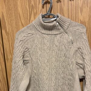 Zara Neutral Cable-Knit Zip Turtleneck Sweater in Beige
